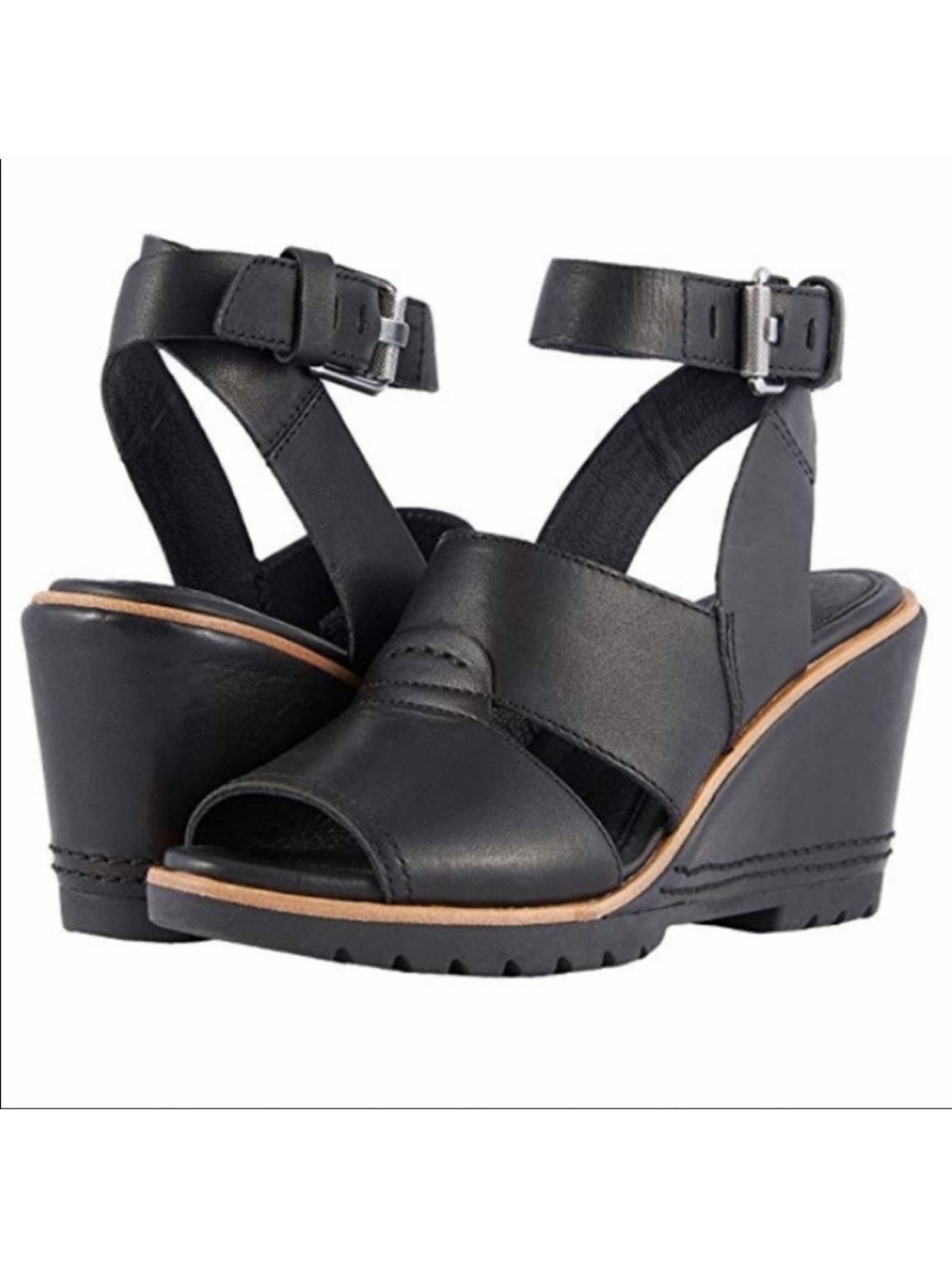 Sorel After Hours Leather Wedge Sandals Size 6.5 Black